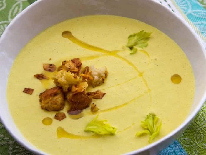 Curried Celery Soup with Green Apple, Coconut & Lime  