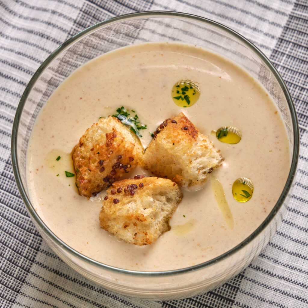 Roasted Cauliflower Garlic Soup with Curried Mustard Croutons