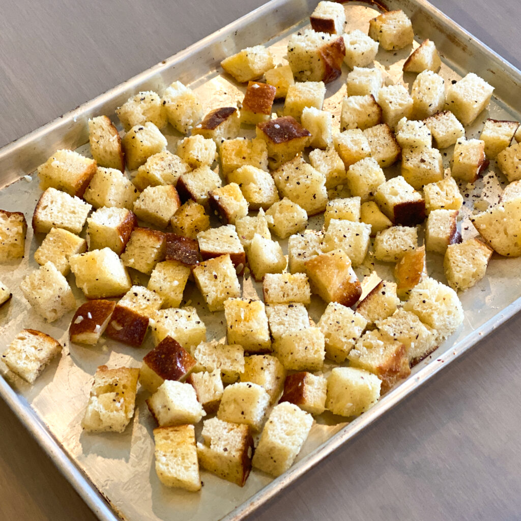 Curried Mustard Croutons on baking sheet