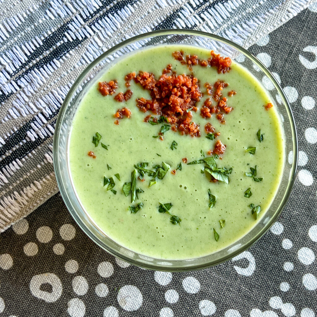 Portuguese Caldo Verde  with Chorizo and Parsley Garnish in serving bowl