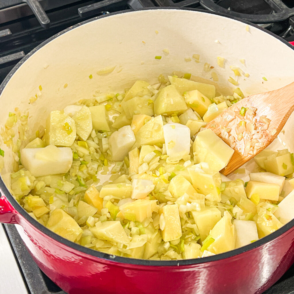 Onions, Leeks, Garlic, Potatoes, Rutabagas and Parsnips in Soup Pot